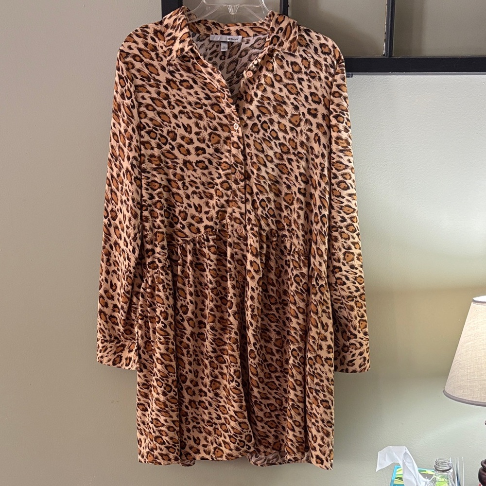 WD.NY Leopard Print Long Sleeve Tiered Dress - Brown/Tan